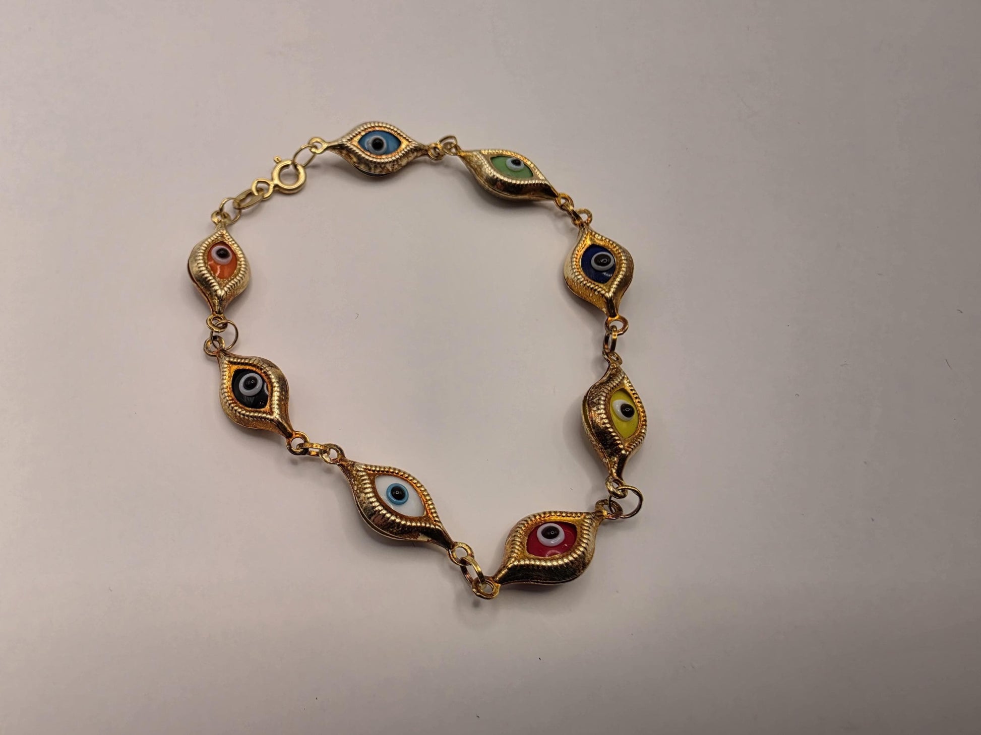 Gold Plated Multi-Color Evil Eye Bracelet | 7 Inch Enamel Evil Eye Link Chain | Boho Protection Bracelet