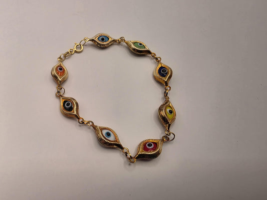 Gold Plated Multi-Color Evil Eye Bracelet | 7 Inch Enamel Evil Eye Link Chain | Boho Protection Bracelet