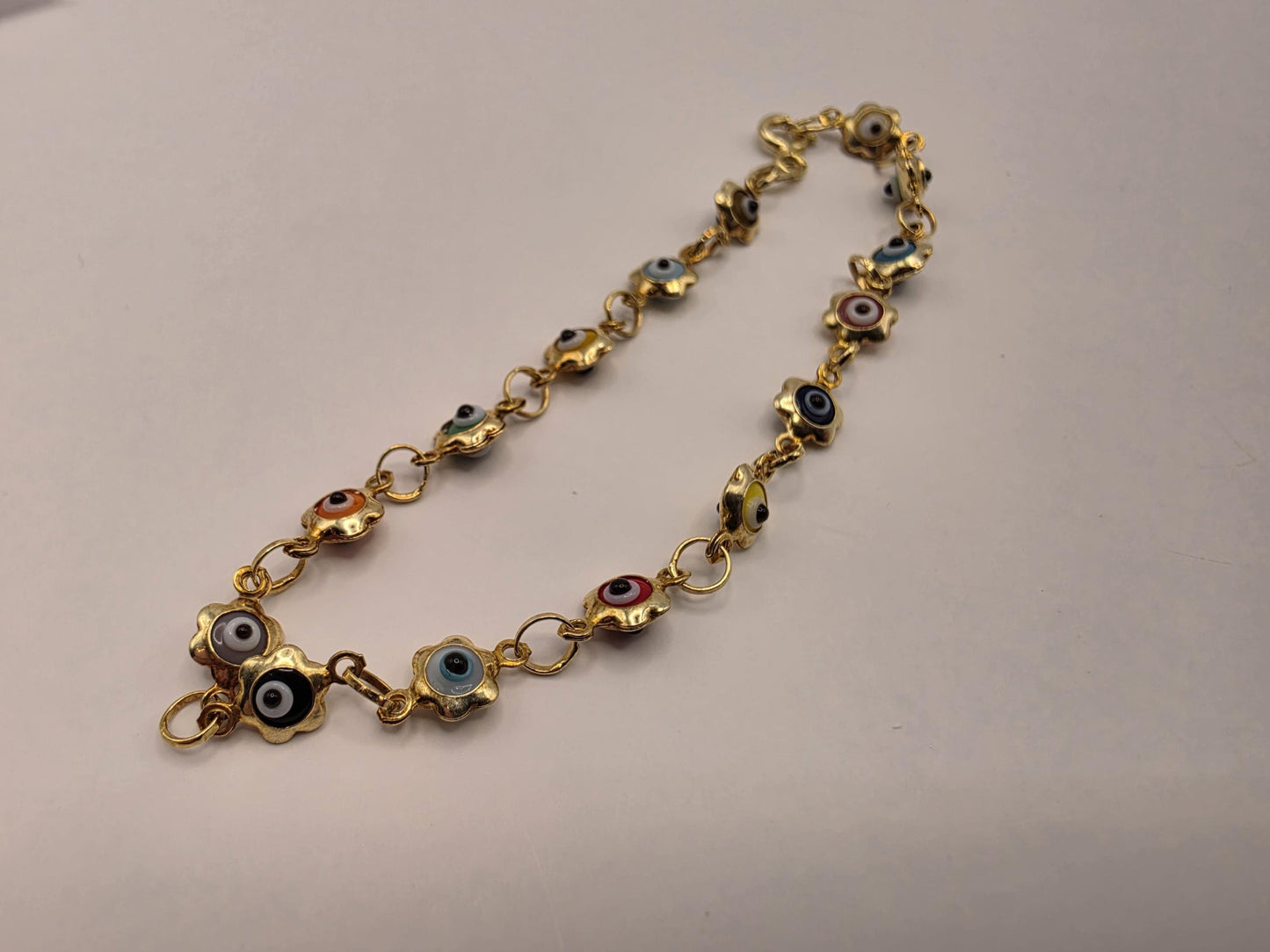 Gold Plated Multi-Color Evil Eye Flower Chain Bracelet | 7.5 Inch Dainty Enamel Charm Bracelet | Boho Protection Bracelet