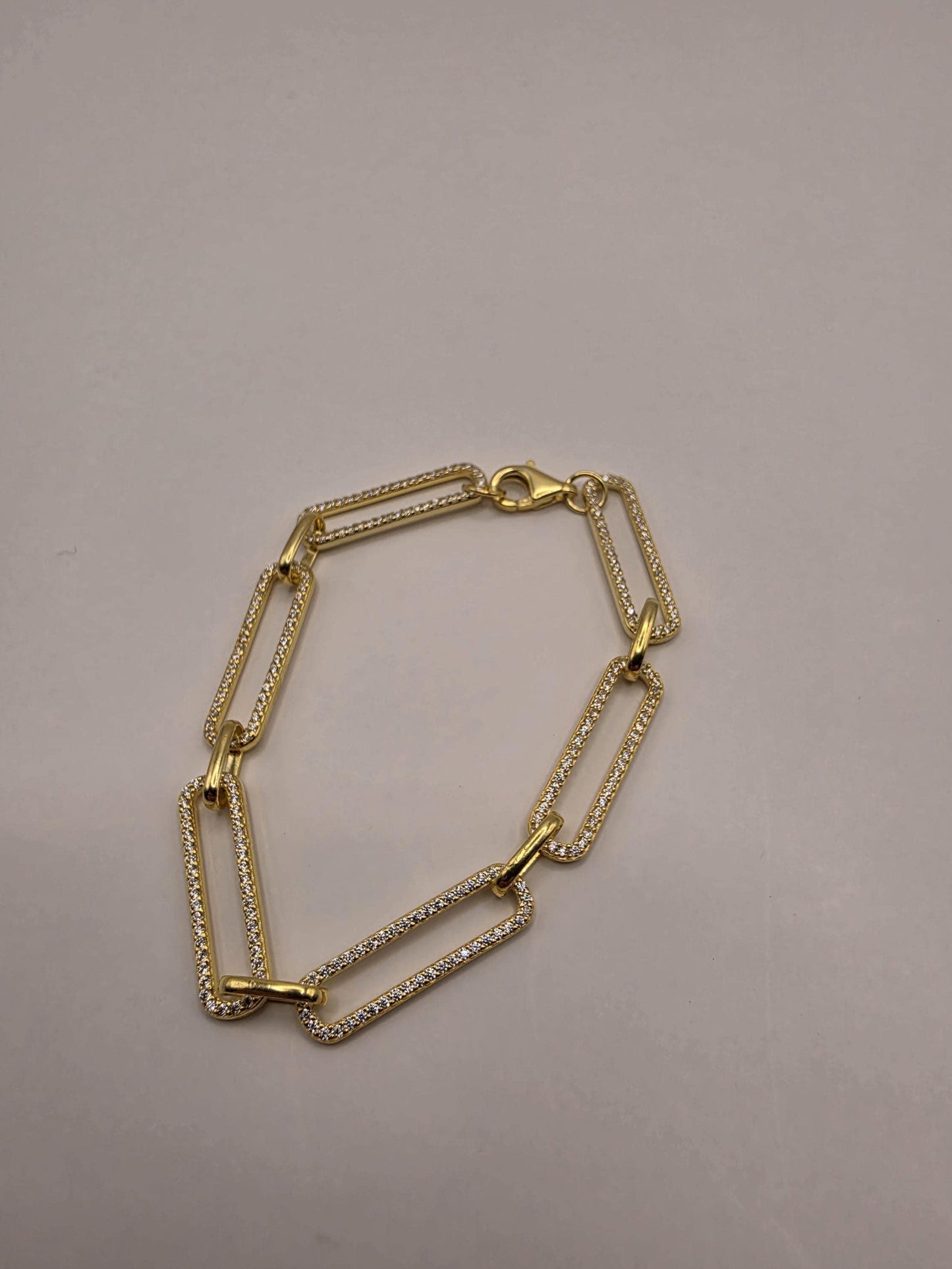 Gold Plated CZ Paperclip Link Bracelet | 7.25 Inch Pavé Crystal Rectangle Chain | Dainty Statement Bracelet