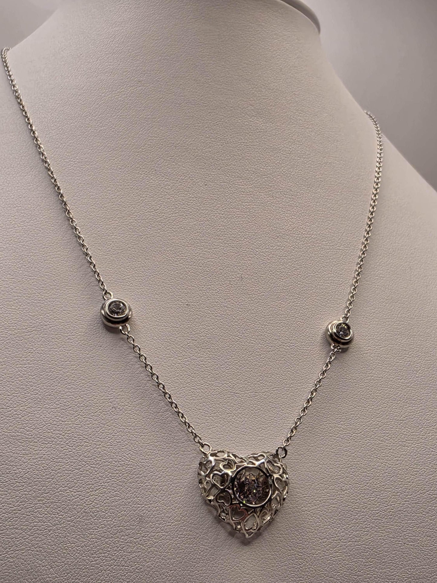 Sterling Silver Filigree Heart Pendant Necklace | 925 Silver CZ | 18 Inch