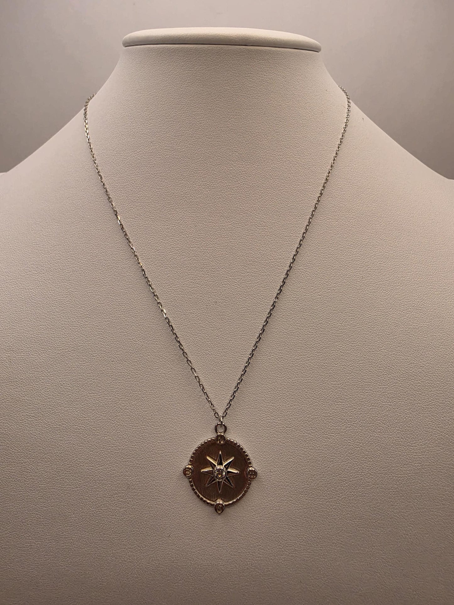 Sterling Silver Compass Star Pendant Necklace | 925 Silver | 17 Inch