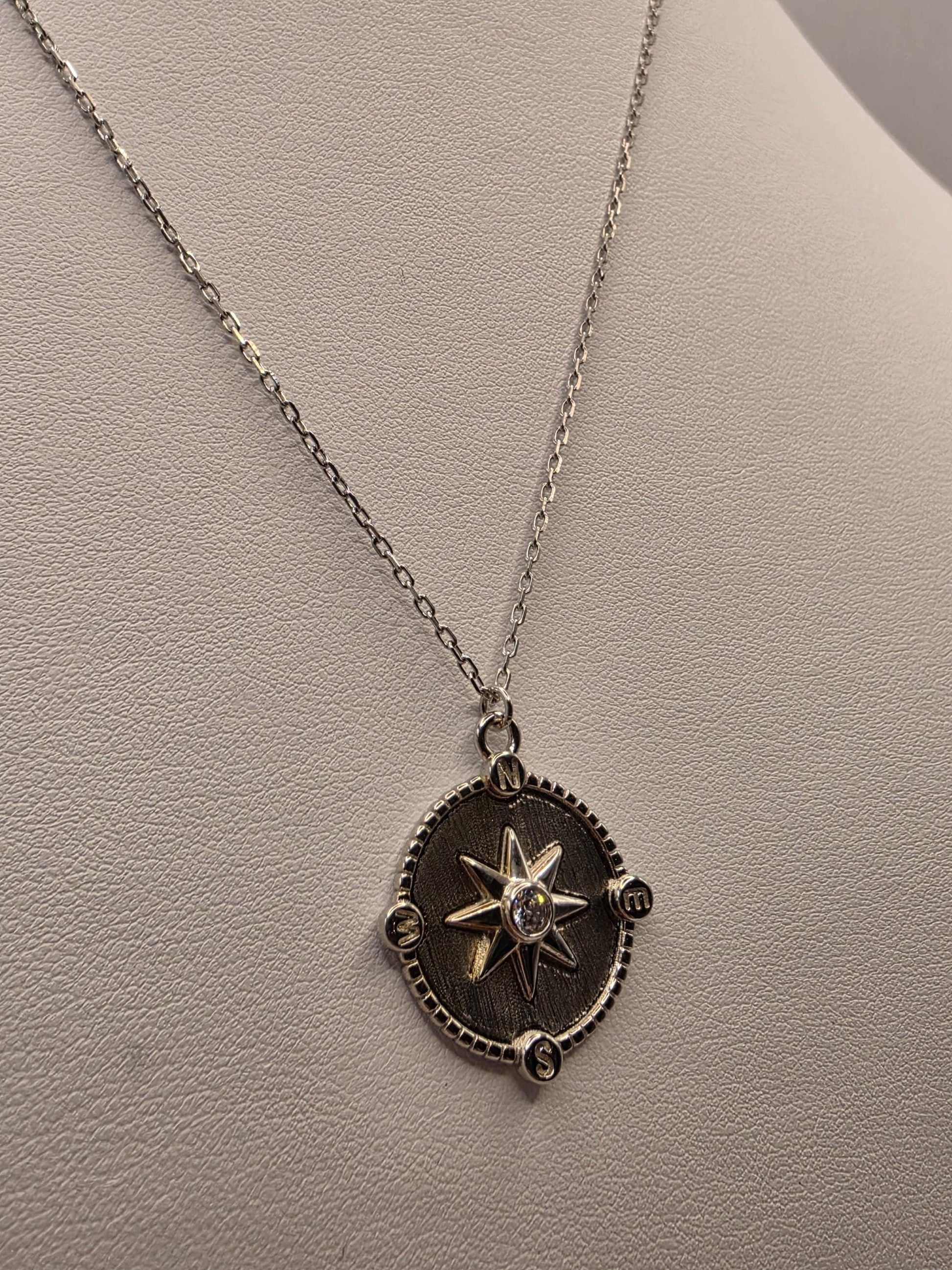 Sterling Silver Compass Star Pendant Necklace | 925 Silver | 17 Inch