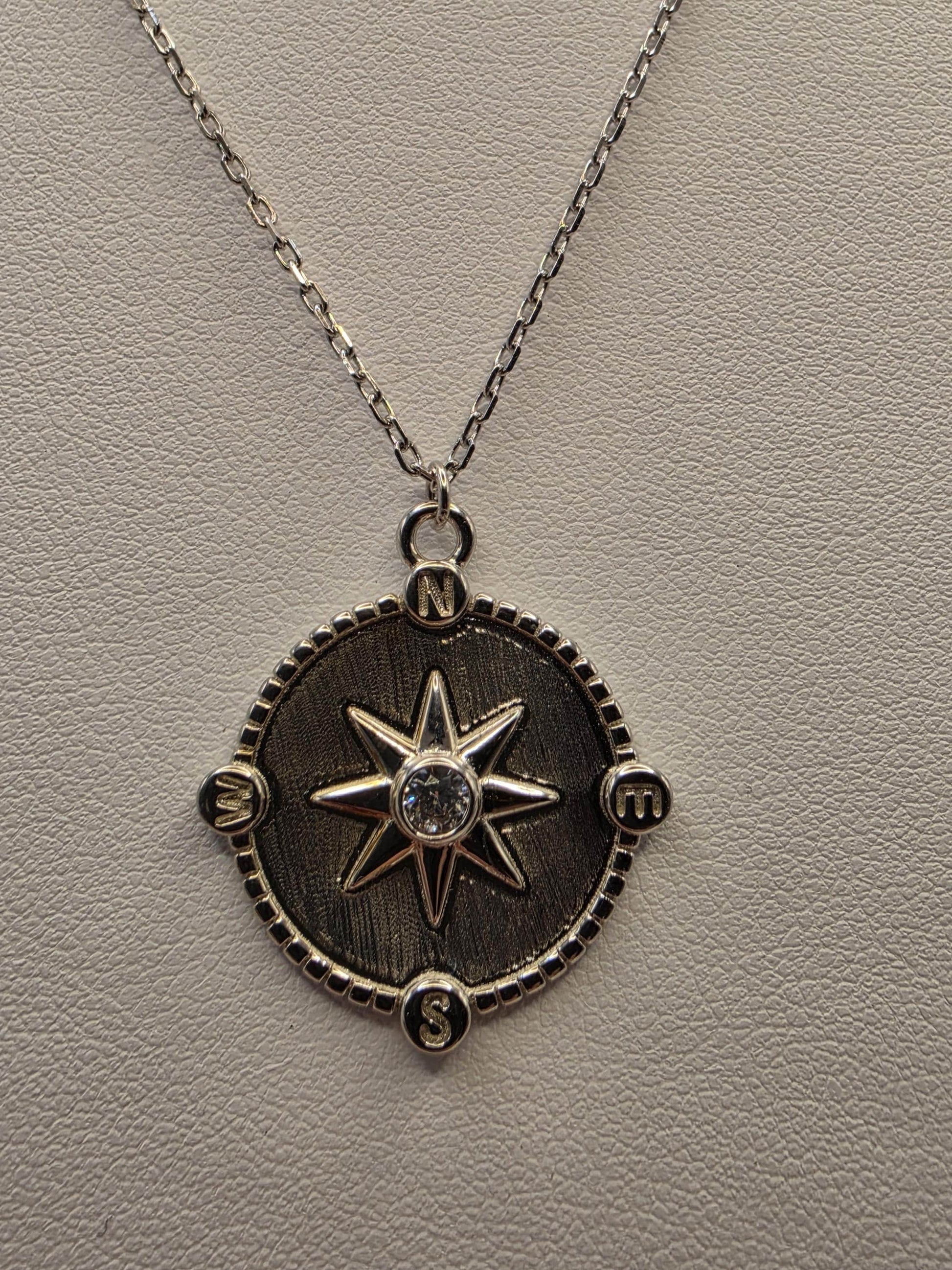 Sterling Silver Compass Star Pendant Necklace | 925 Silver | 17 Inch