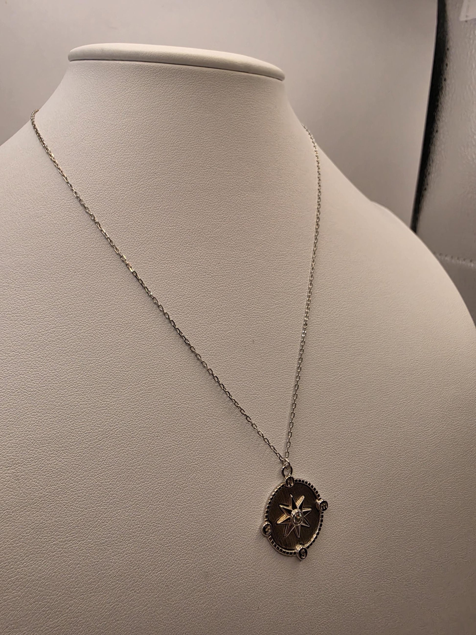 Sterling Silver Compass Star Pendant Necklace | 925 Silver | 17 Inch