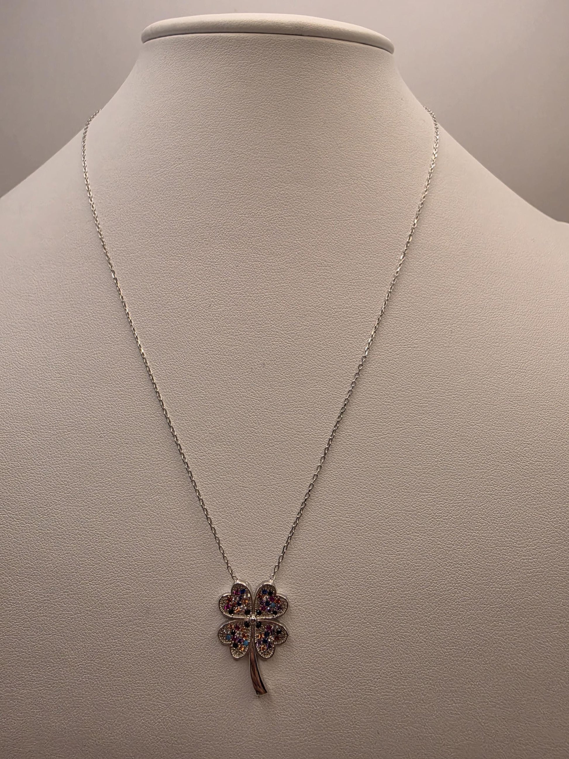 Sterling Silver Four Leaf Clover Necklace | 925 Silver CZ Pendant | 18 Inch