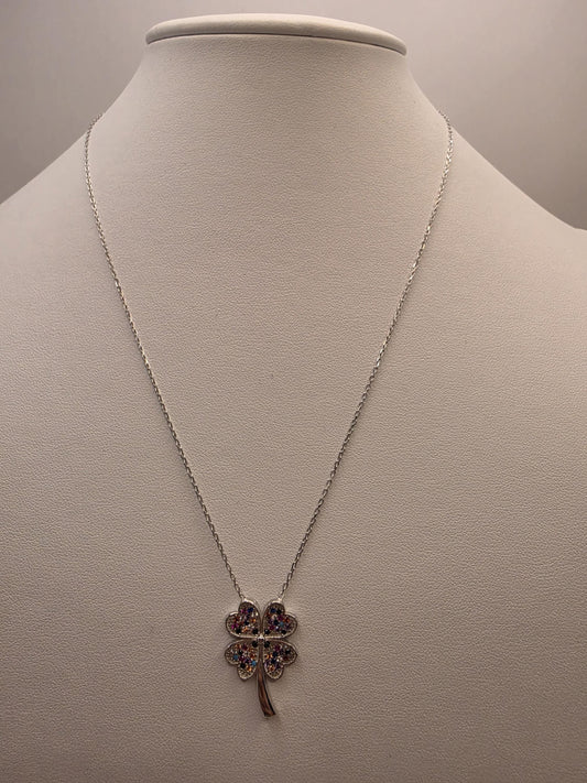 Sterling Silver Four Leaf Clover Necklace | 925 Silver CZ Pendant | 18 Inch