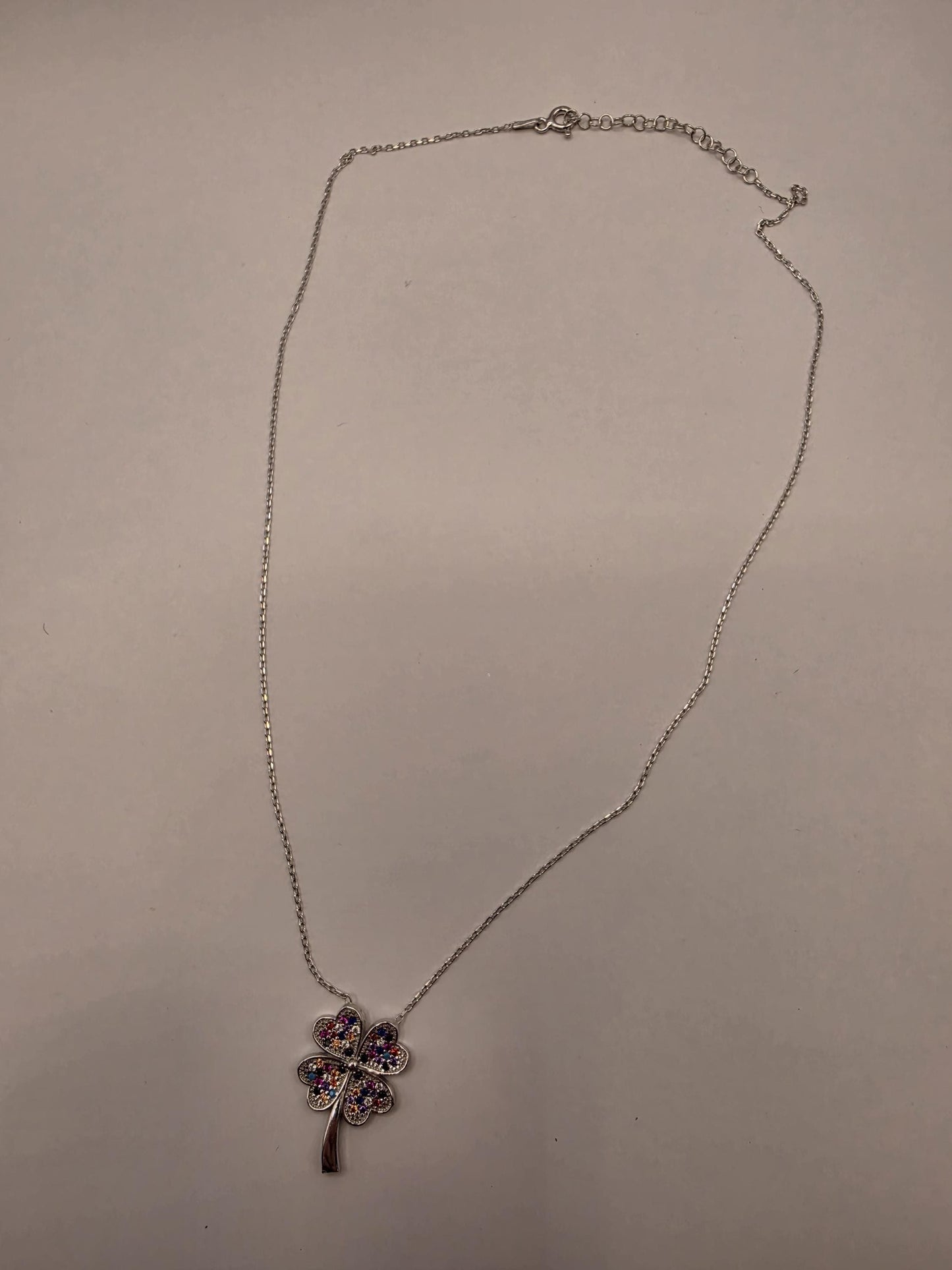 Sterling Silver Four Leaf Clover Necklace | 925 Silver CZ Pendant | 18 Inch