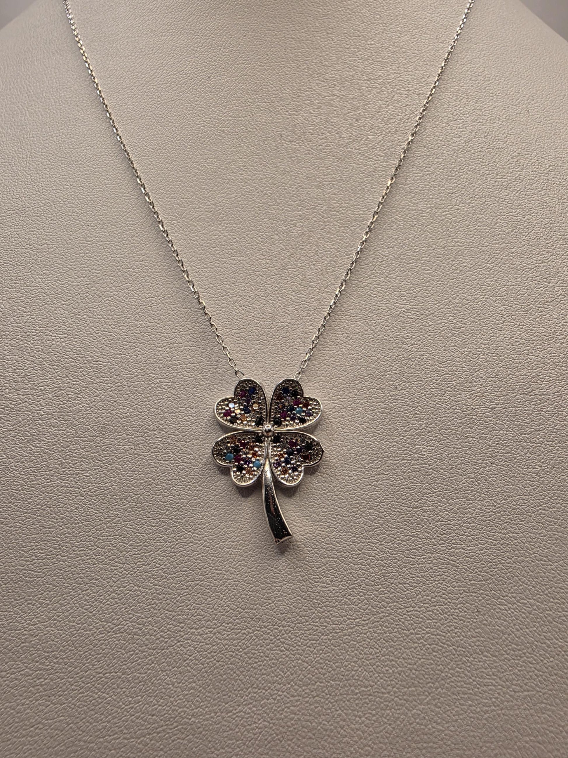 Sterling Silver Four Leaf Clover Necklace | 925 Silver CZ Pendant | 18 Inch