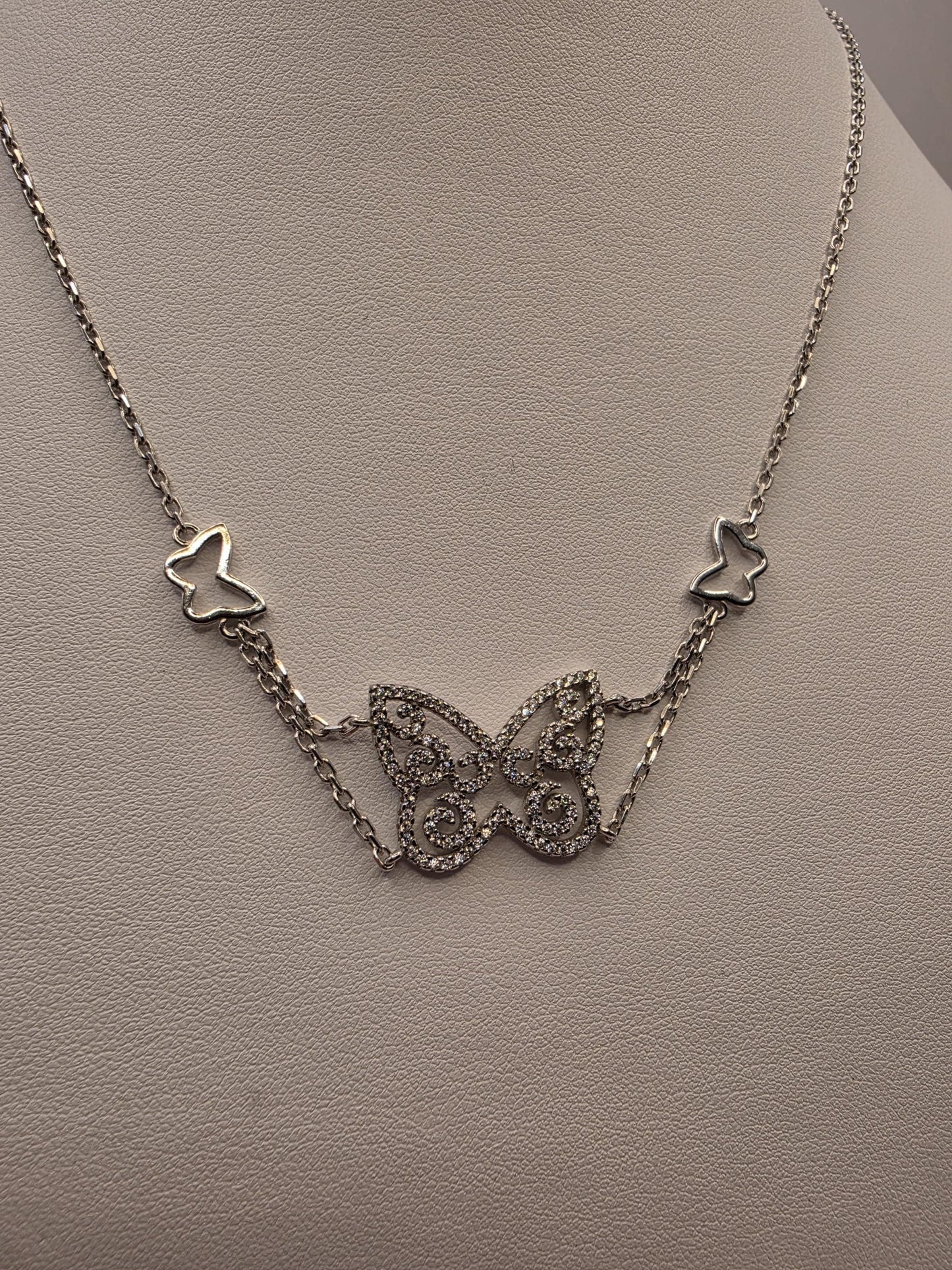 Sterling Silver Butterfly Pendant Necklace | 925 Silver CZ | 17 Inch