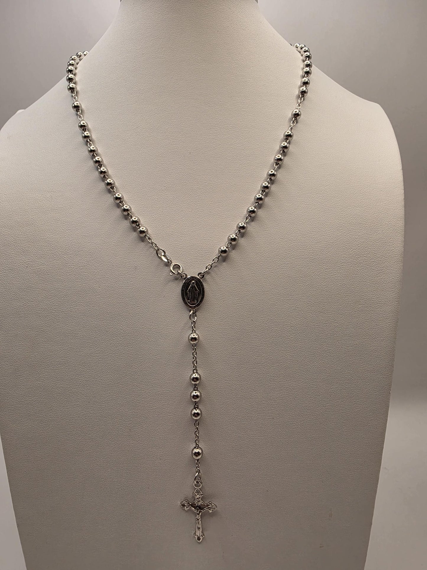 Sterling Silver Rosary Style Necklace | 925 Silver Bead Chain with Cross