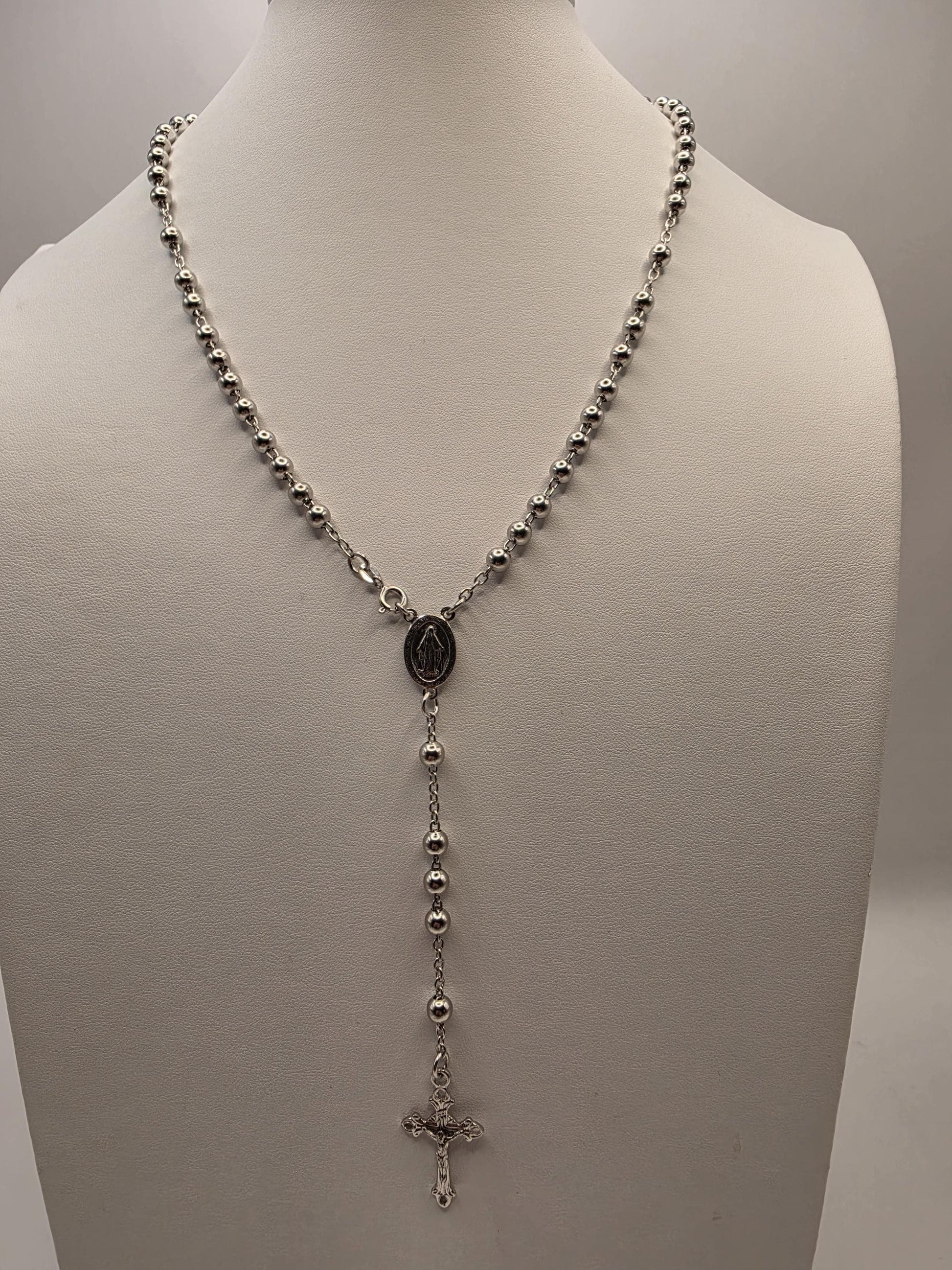 Sterling Silver Rosary Style Necklace | 925 Silver Bead Chain with Cross