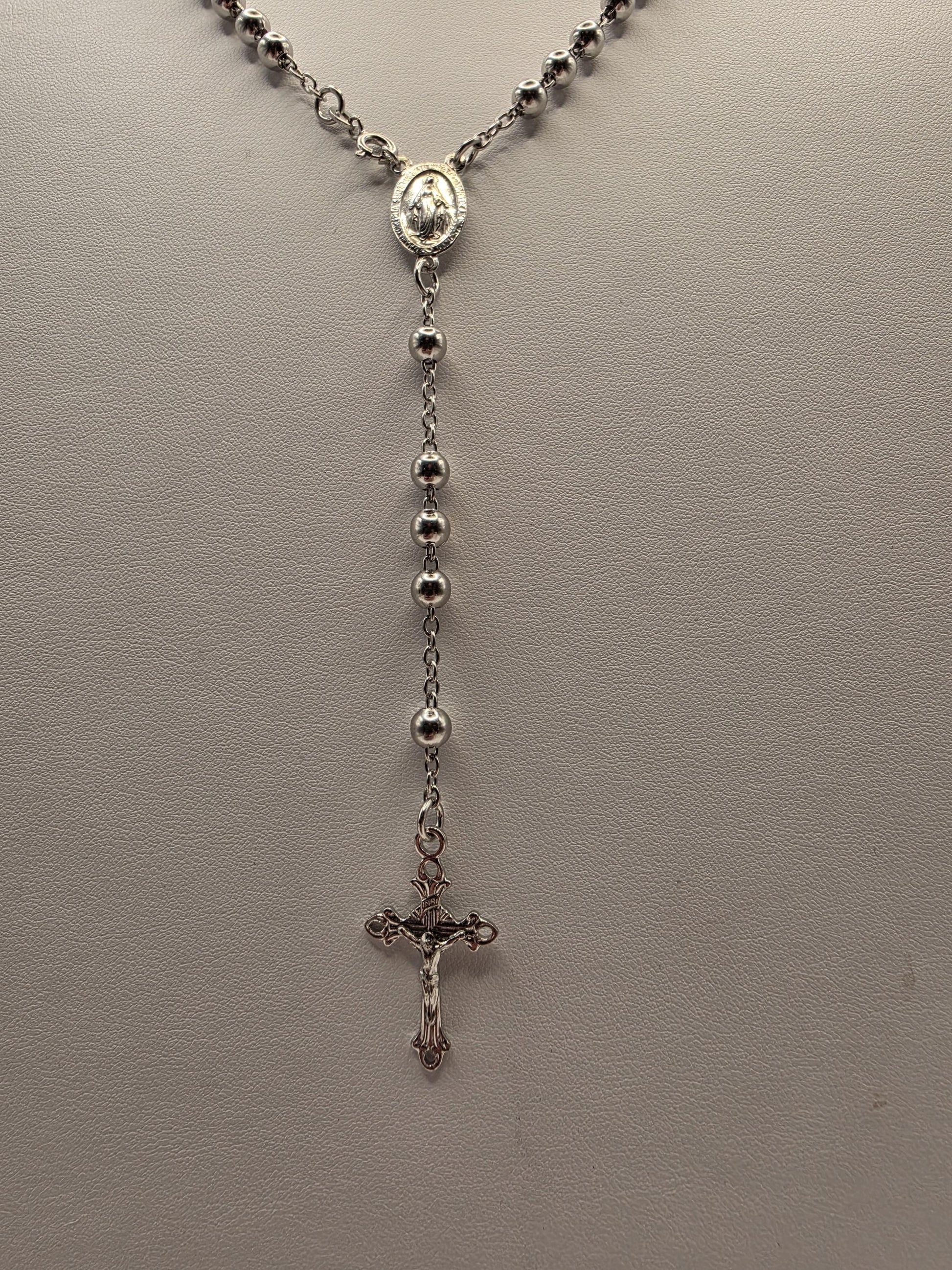 Sterling Silver Rosary Style Necklace | 925 Silver Bead Chain with Cross