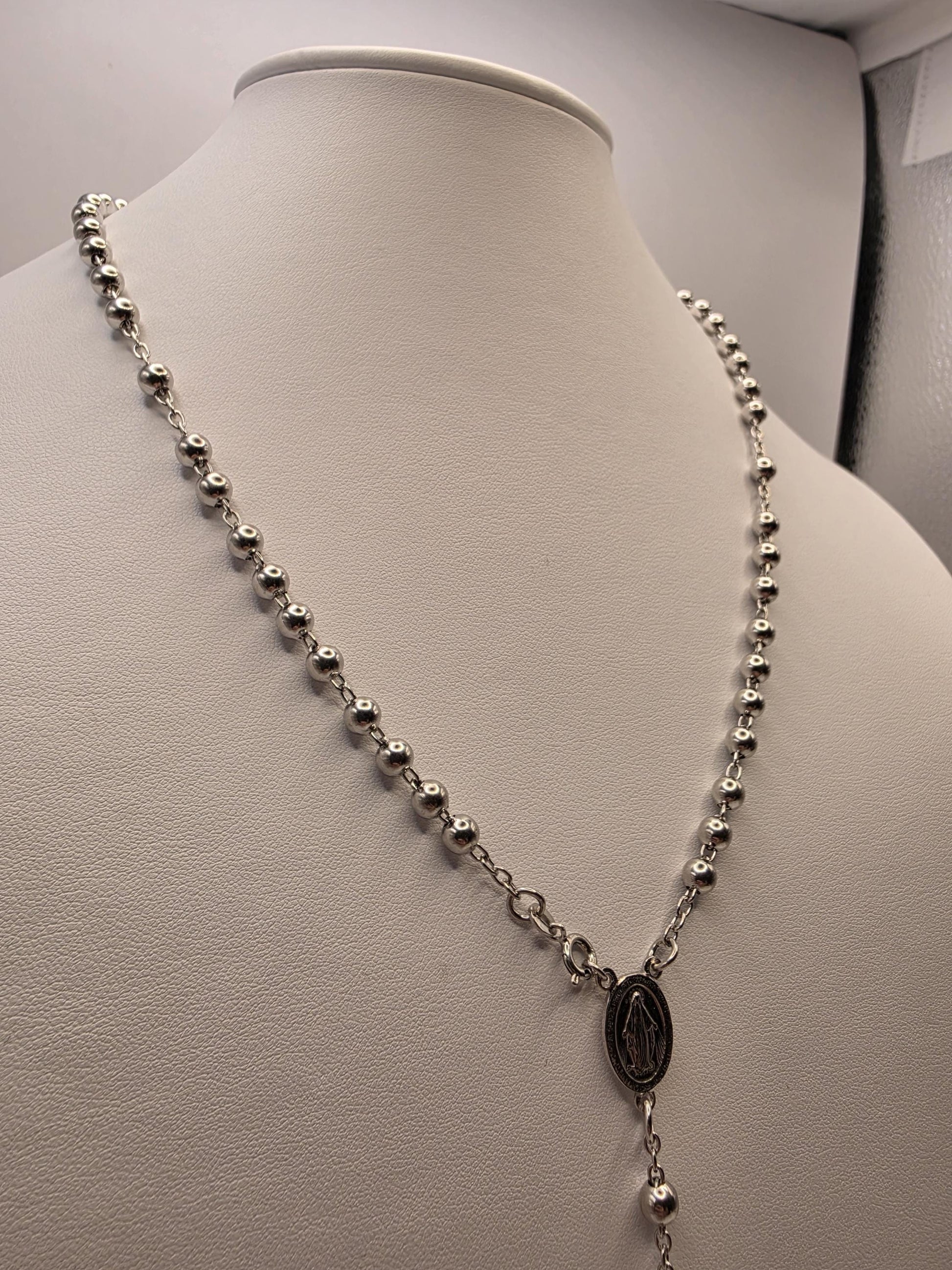 Sterling Silver Rosary Style Necklace | 925 Silver Bead Chain with Cross