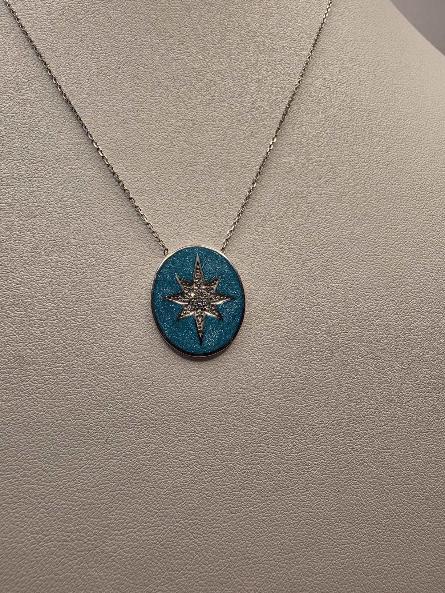 Sterling Silver Star Pendant Necklace | 925 Silver Blue Enamel | 17 Inch