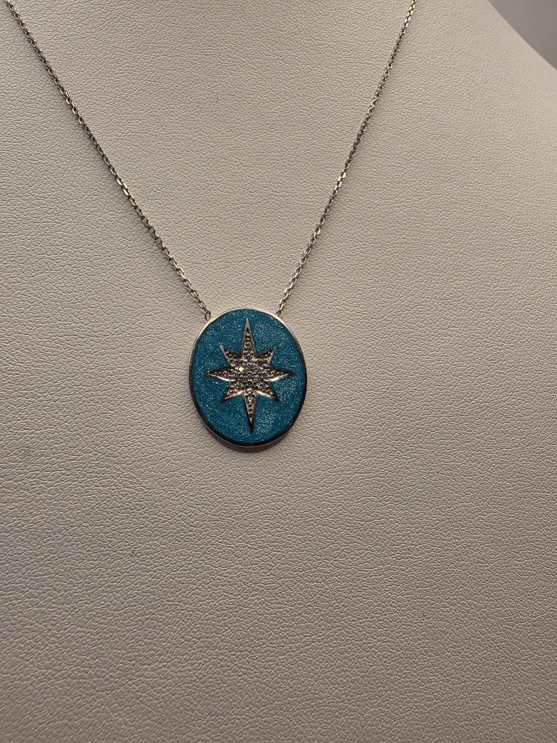 Sterling Silver Star Pendant Necklace | 925 Silver Blue Enamel | 17 Inch