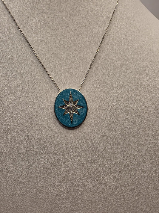 Sterling Silver Star Pendant Necklace | 925 Silver Blue Enamel | 17 Inch