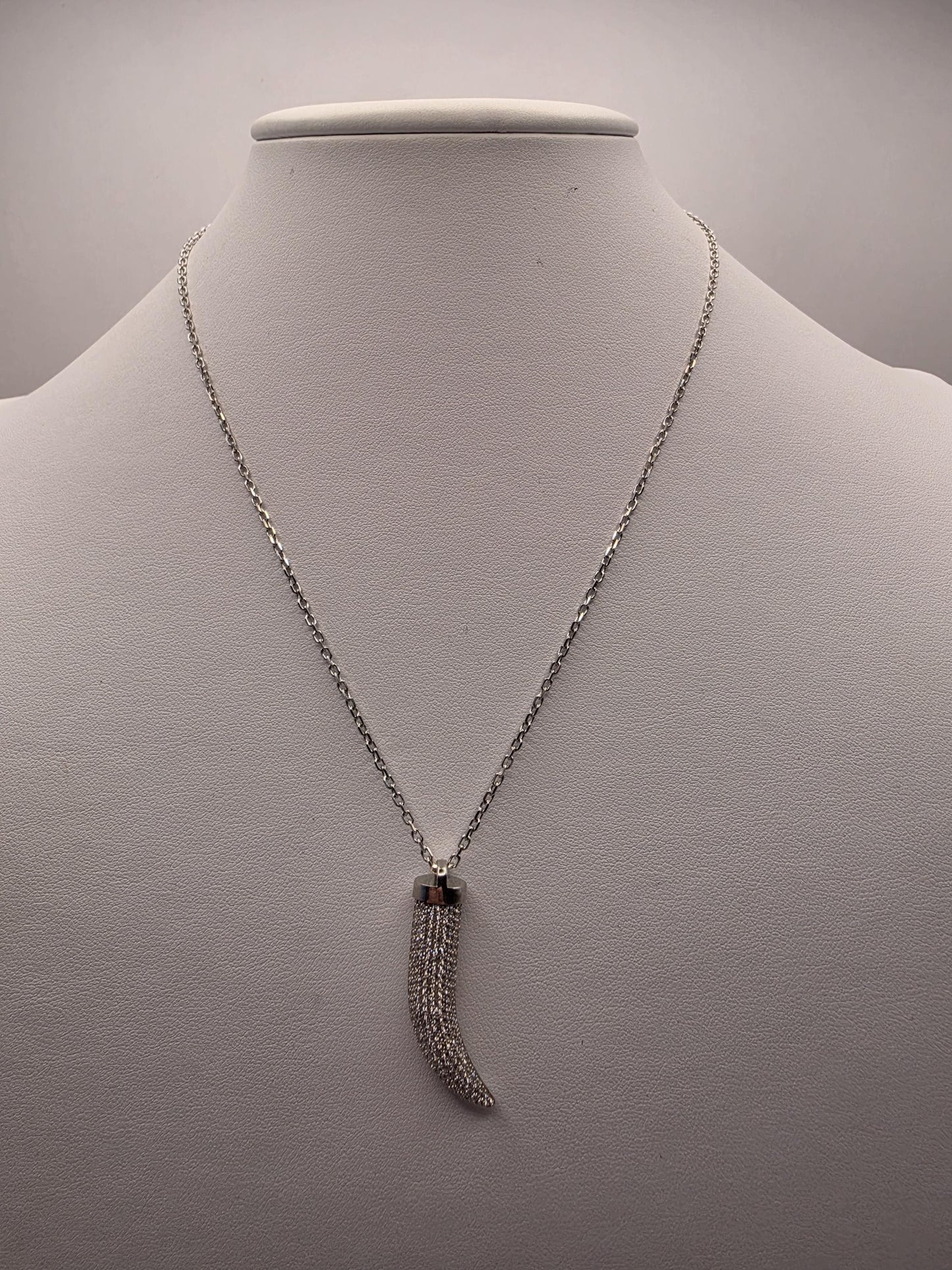 Sterling Silver CZ Pave Cornicello Italian Horn Pendant Necklace 17 Inch