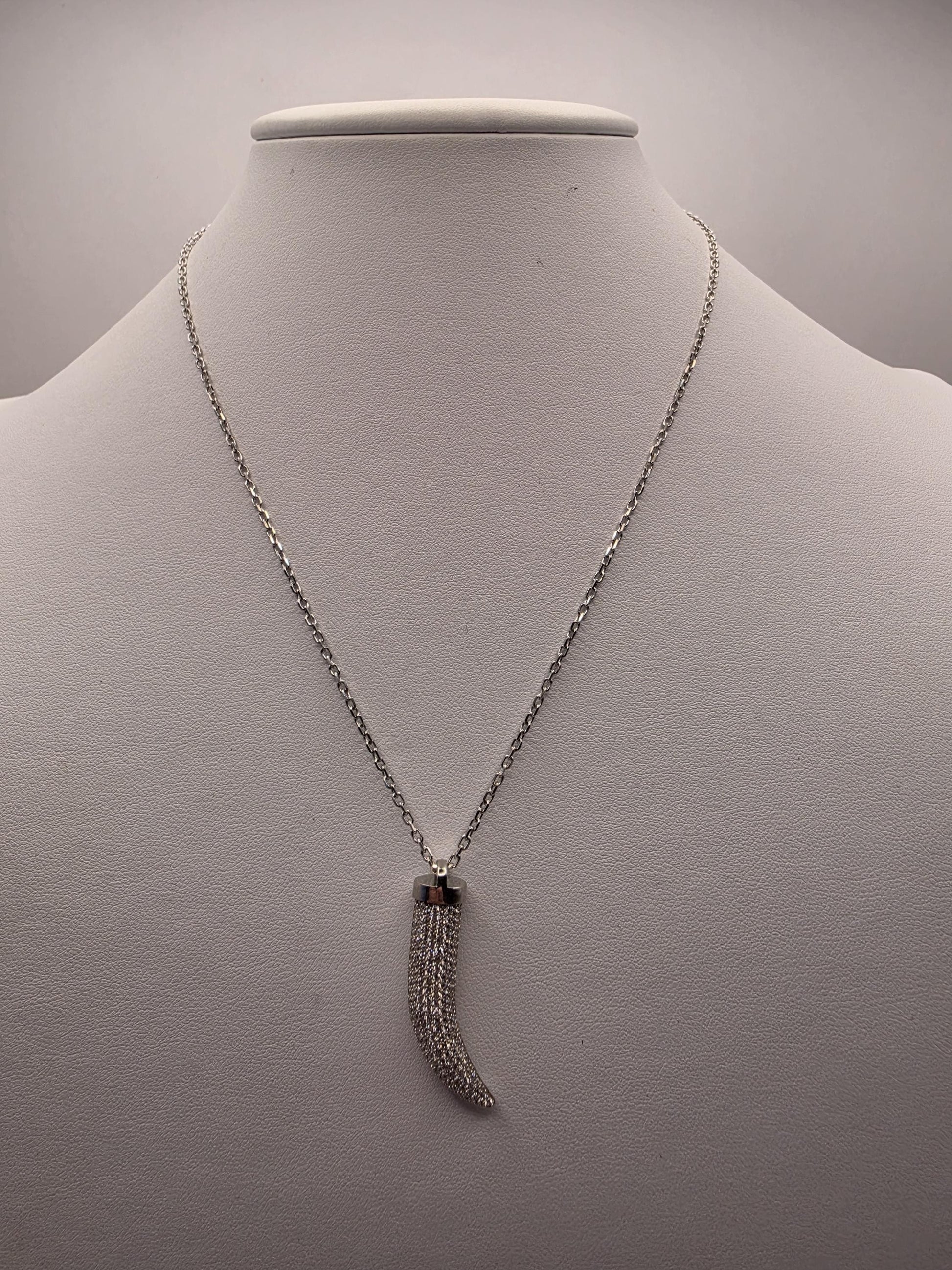 Sterling Silver CZ Pave Cornicello Italian Horn Pendant Necklace 17 Inch