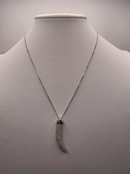 Sterling Silver CZ Pave Cornicello Italian Horn Pendant Necklace 17 Inch