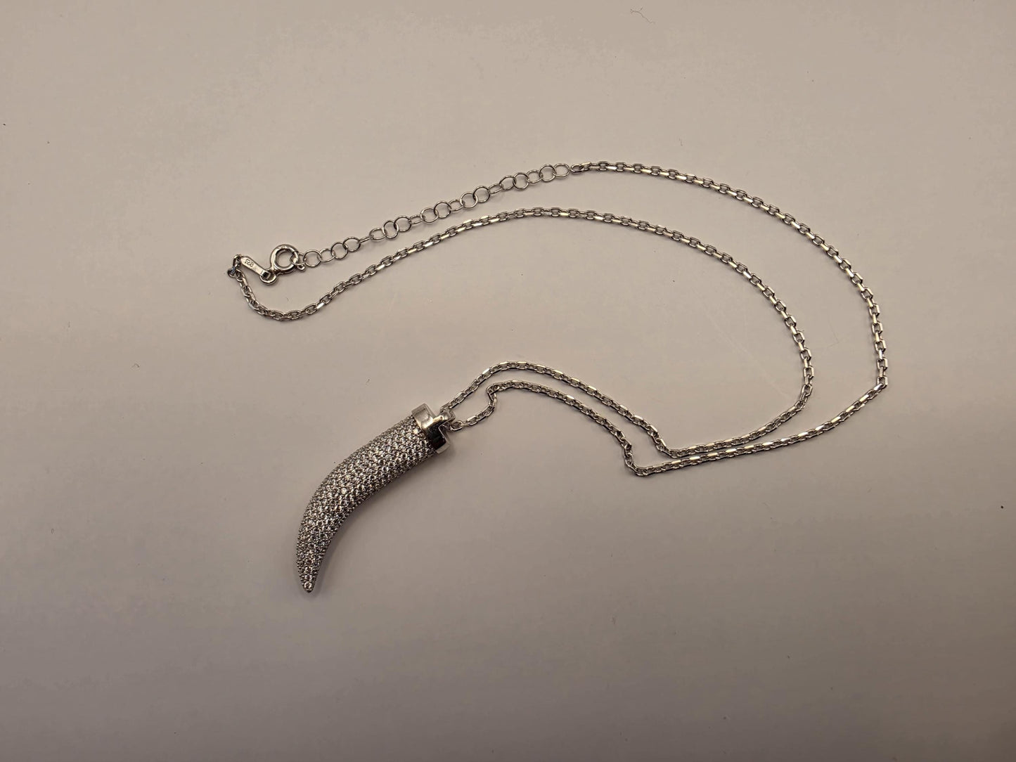 Sterling Silver CZ Pave Cornicello Italian Horn Pendant Necklace 17 Inch