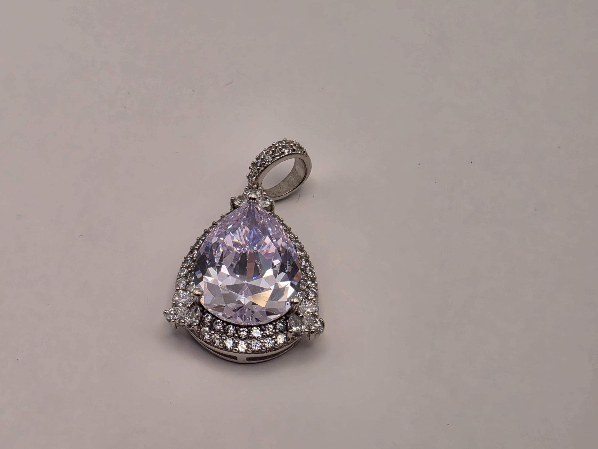 Sterling Silver Large Lavender Pear CZ Halo Pendant