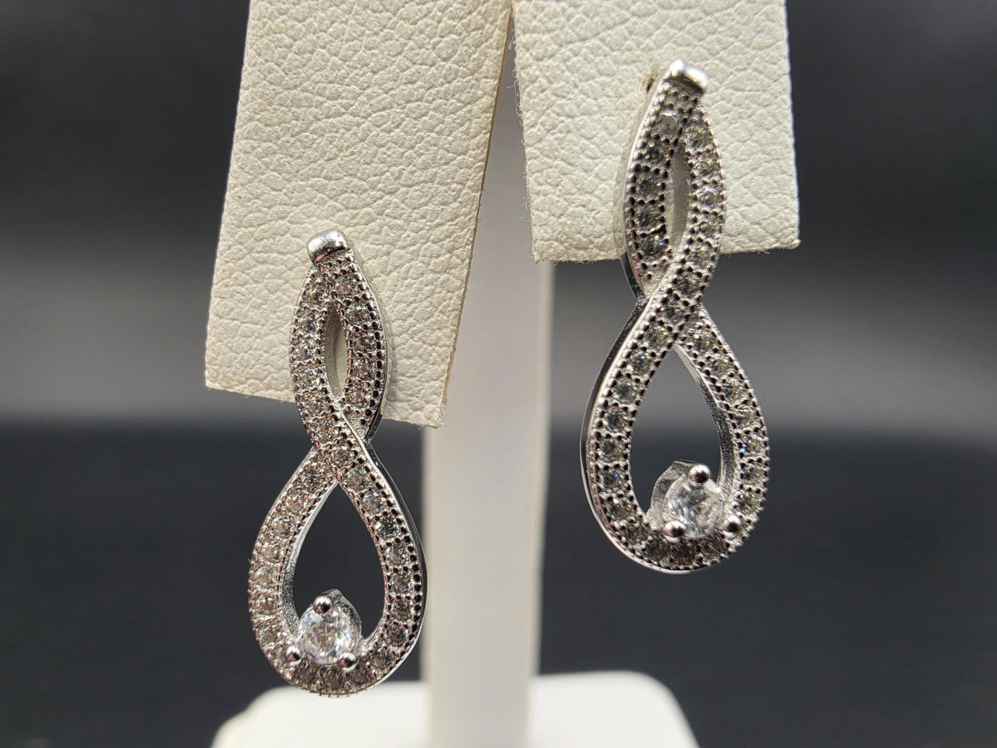 Sterling Silver Infinity Drop Earrings with CZ Accents 1 Inch