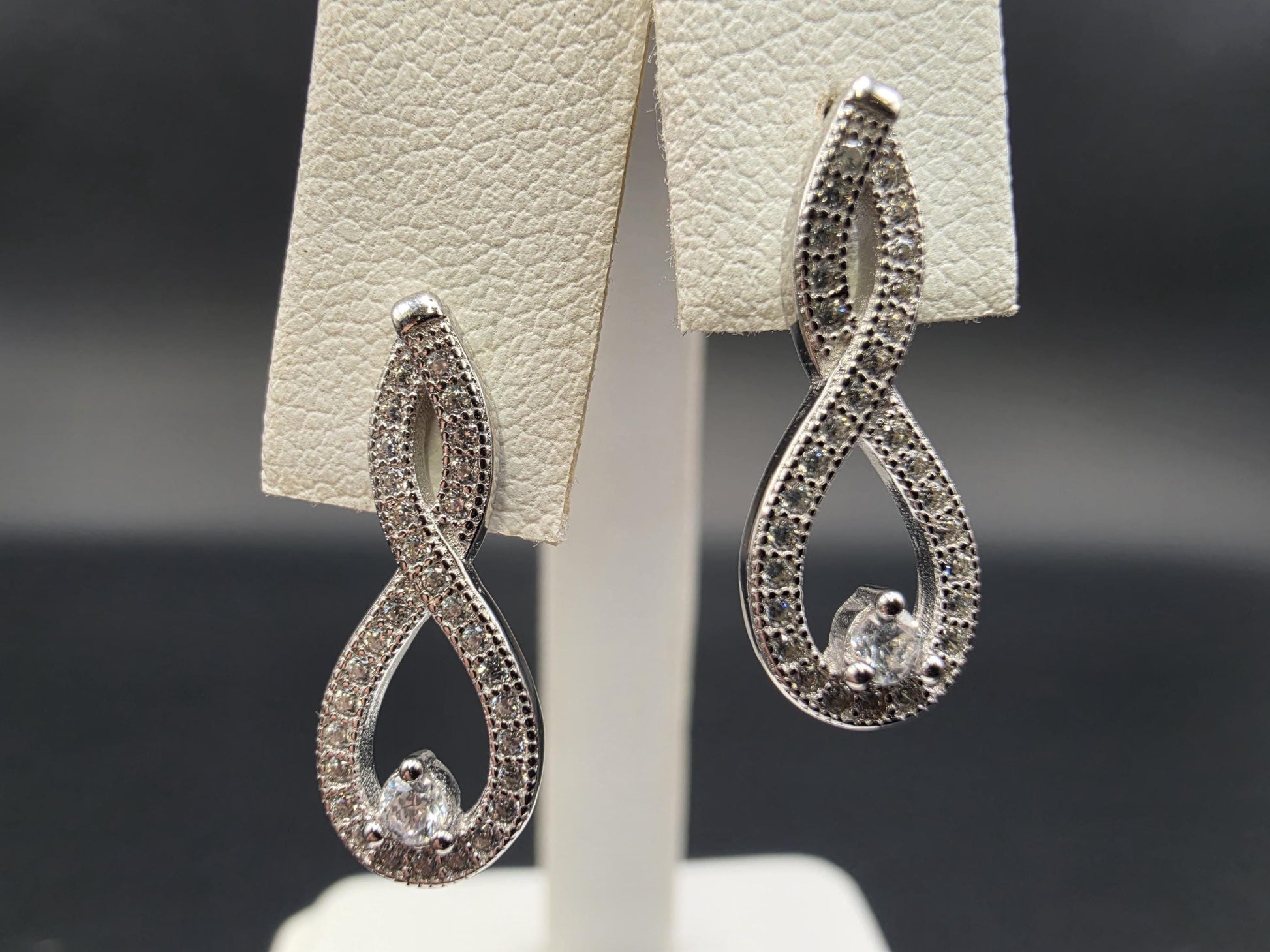 Sterling Silver Infinity Drop Earrings with CZ Accents 1 Inch