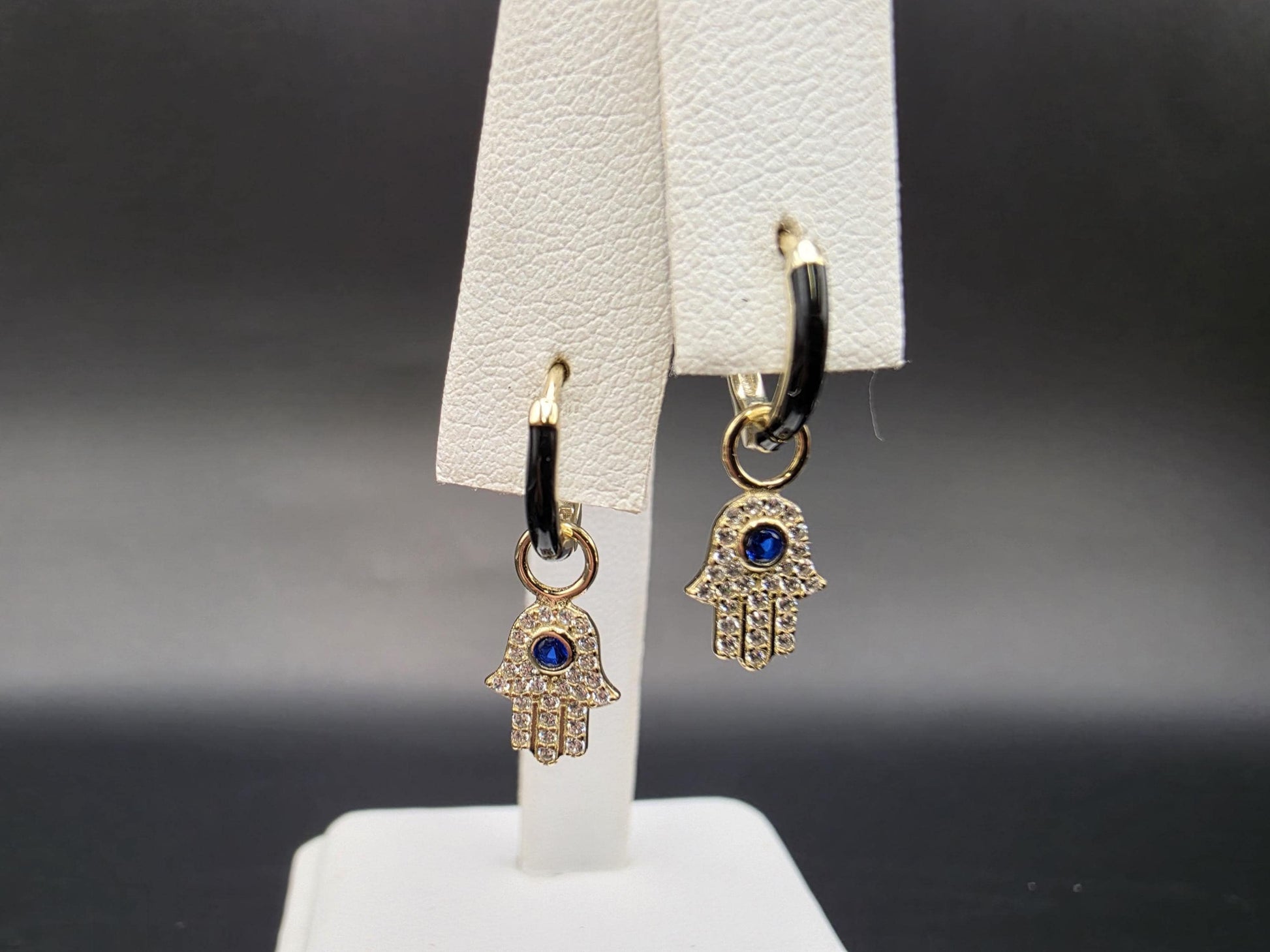 Gold Plated Sterling Silver Hamsa Hand Hoop Earrings with Blue CZ