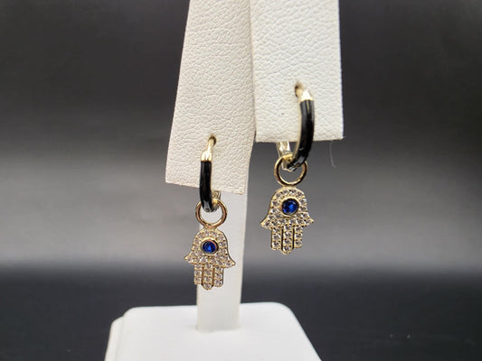 Gold Plated Sterling Silver Hamsa Hand Hoop Earrings with Blue CZ
