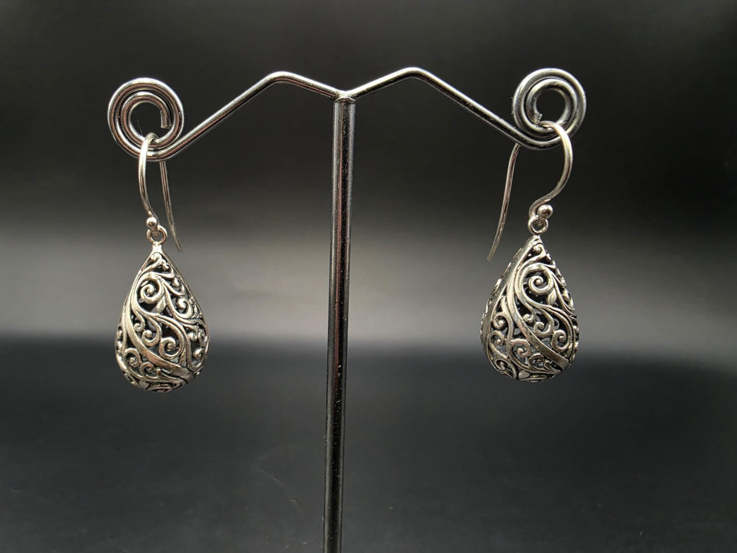 Sterling Silver Filigree Scroll Teardrop Dangle Earrings 1 Inch