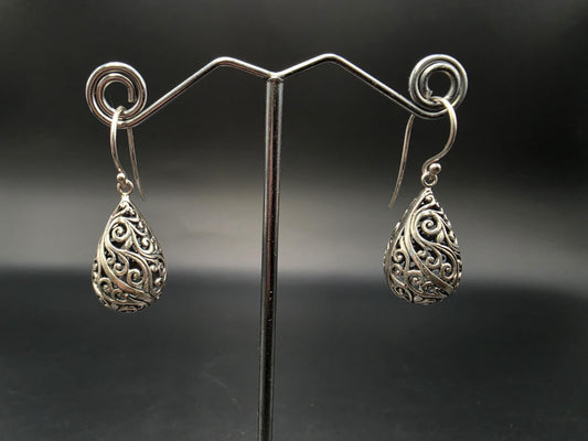 Sterling Silver Filigree Scroll Teardrop Dangle Earrings 1 Inch