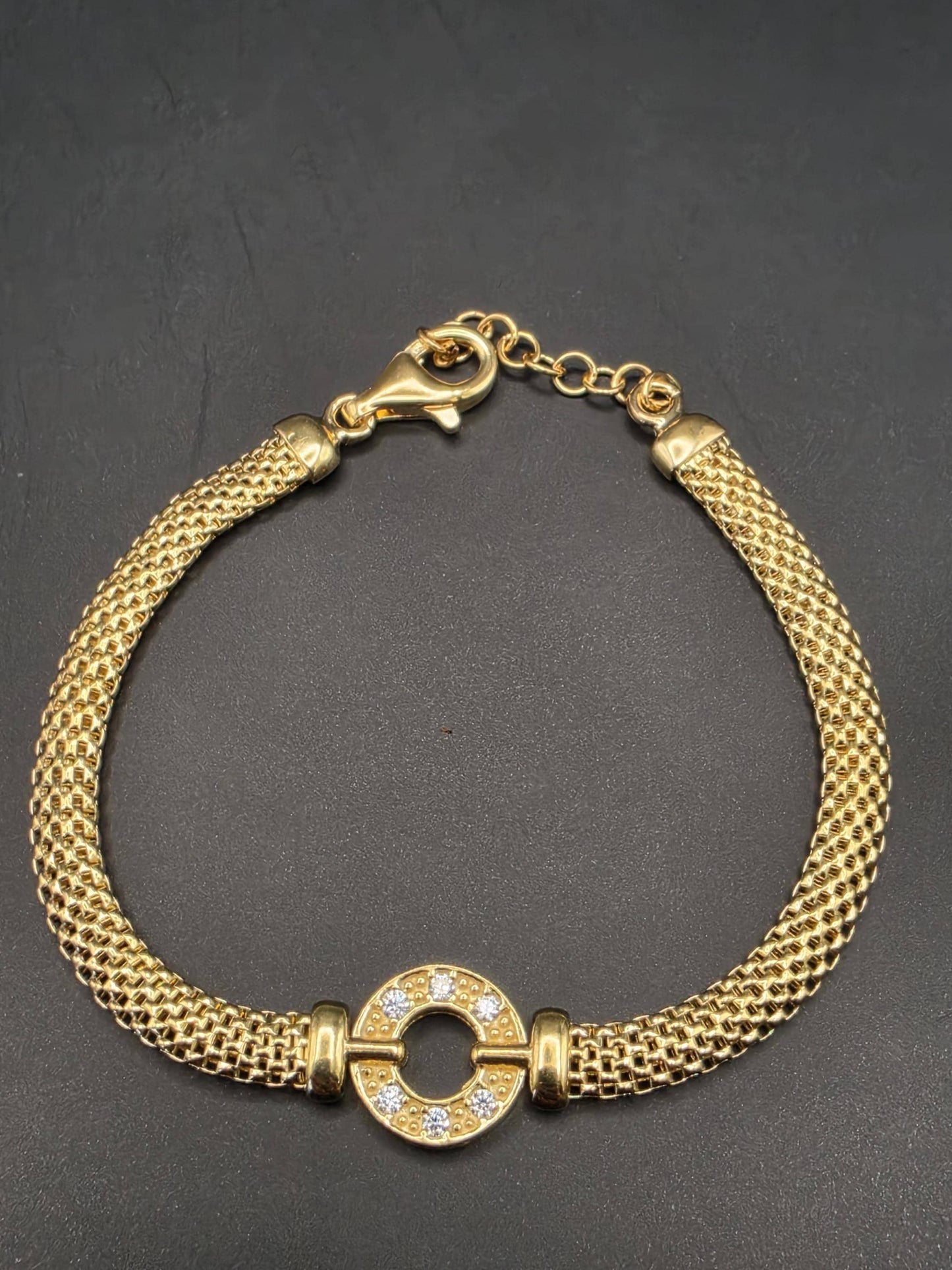 Gold Plated Sterling Silver Mesh Bracelet with CZ Circle Centerpiece 8 Inch