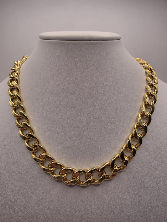 Gold Plated Sterling Silver 11mm Cuban Curb Chain Necklace 14-17 Inch Adjustable