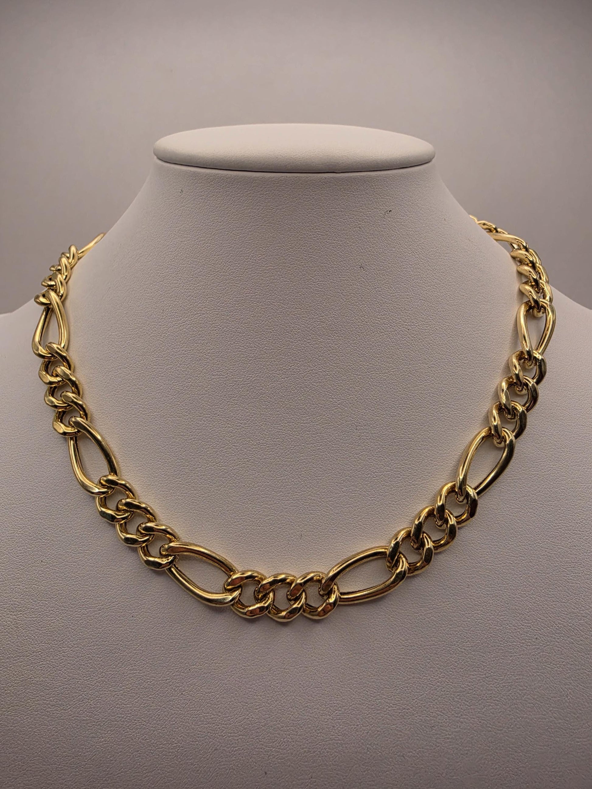 Gold Plated Sterling Silver 10mm Figaro Chain Necklace 14-17 Inch Adjustable