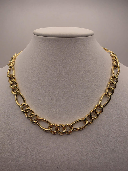 Gold Plated Sterling Silver 10mm Figaro Chain Necklace 14-17 Inch Adjustable