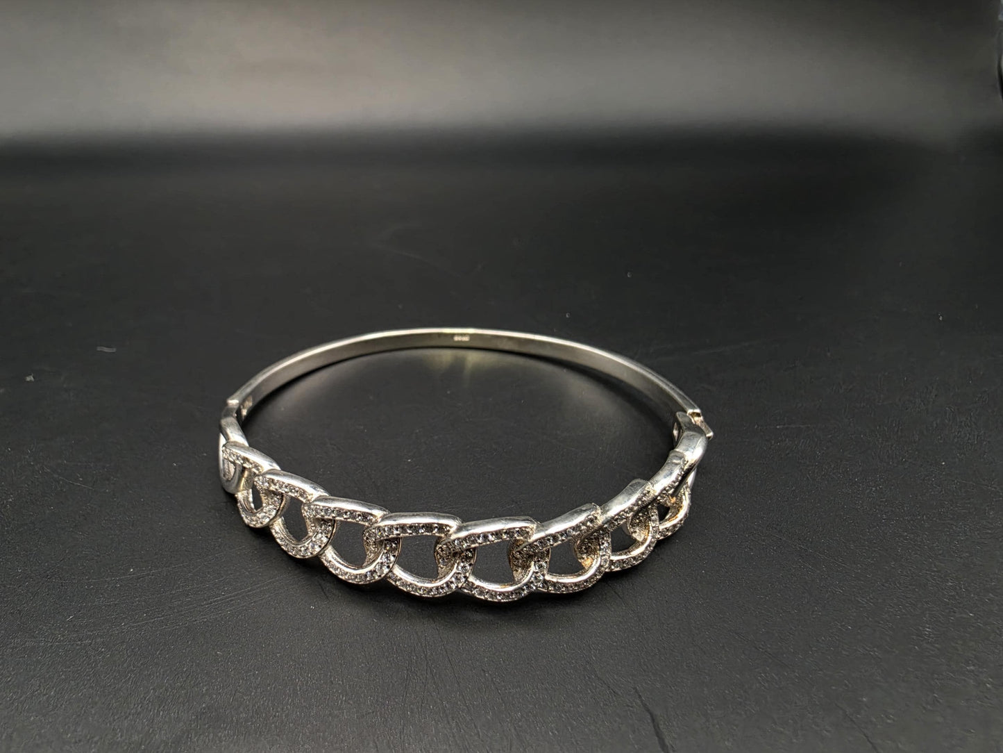 Sterling Silver Bangle Bracelet with Pave CZ Chain | 925 Silver Hinged Bangle 7 Inch