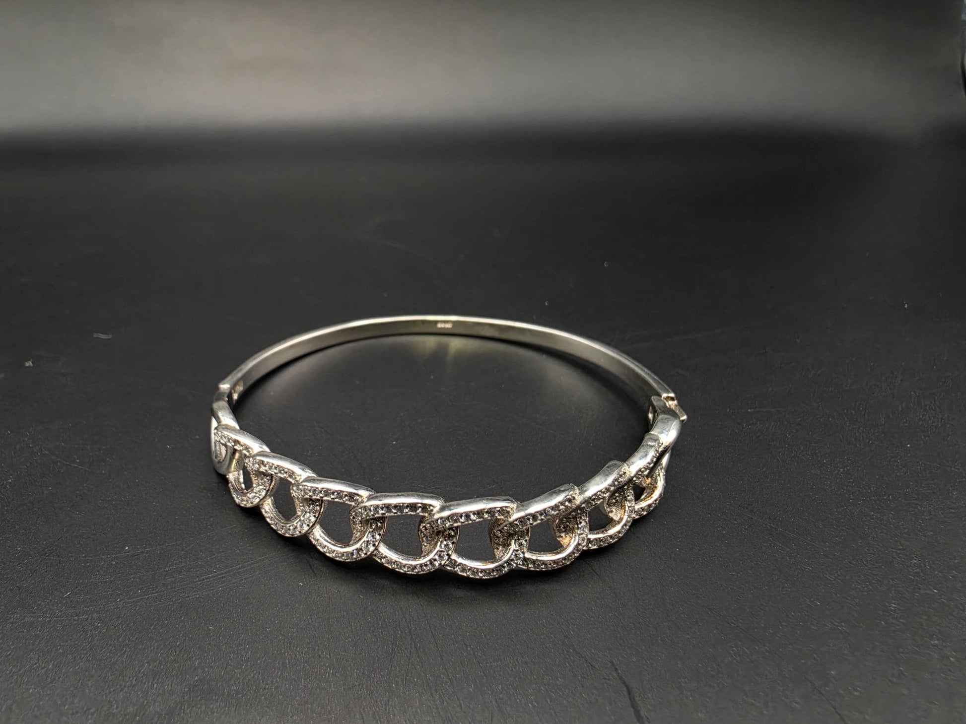 Sterling Silver Bangle Bracelet with Pave CZ Chain | 925 Silver Hinged Bangle 7 Inch