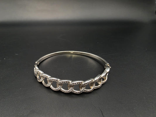 Sterling Silver Bangle Bracelet with Pave CZ Chain | 925 Silver Hinged Bangle 7 Inch