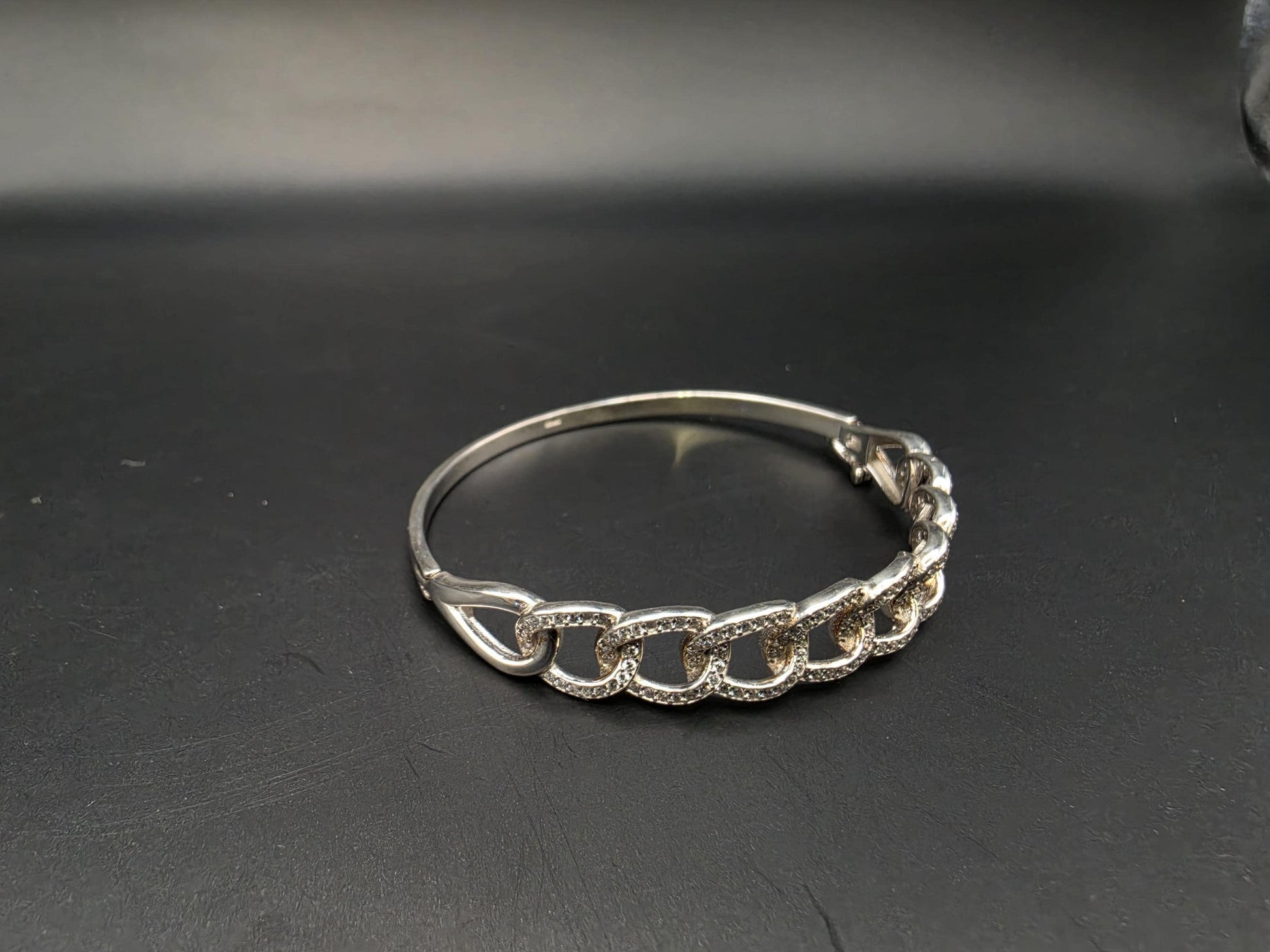 Sterling Silver Bangle Bracelet with Pave CZ Chain | 925 Silver Hinged Bangle 7 Inch