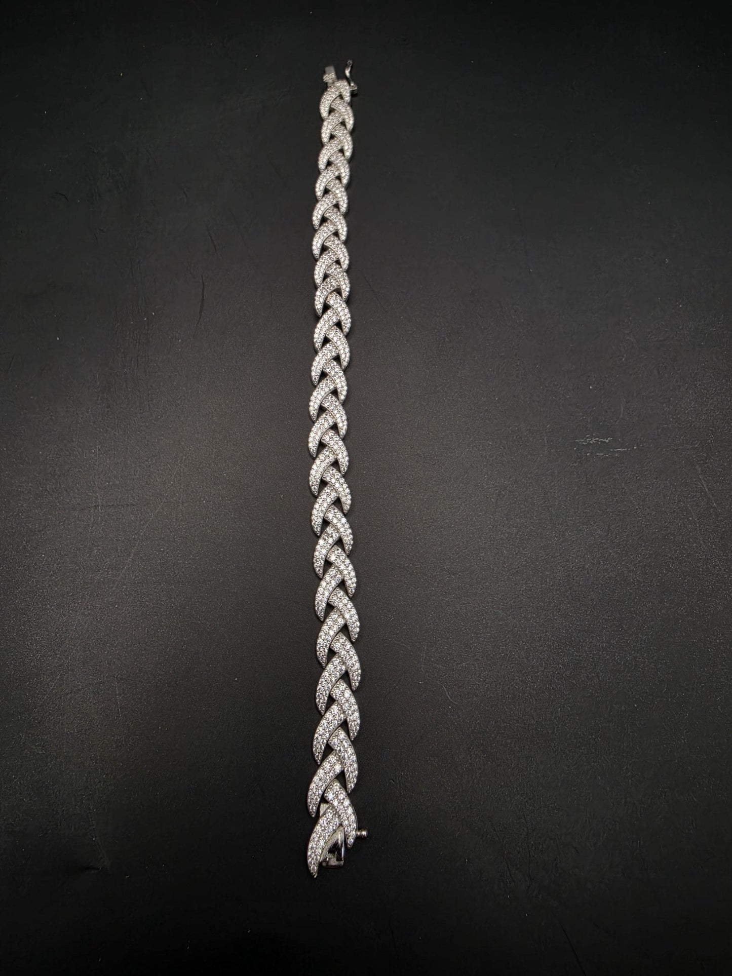 Sterling Silver Pave CZ Wheat Link Bracelet | 925 Silver Iced Out Bracelet 7 Inch