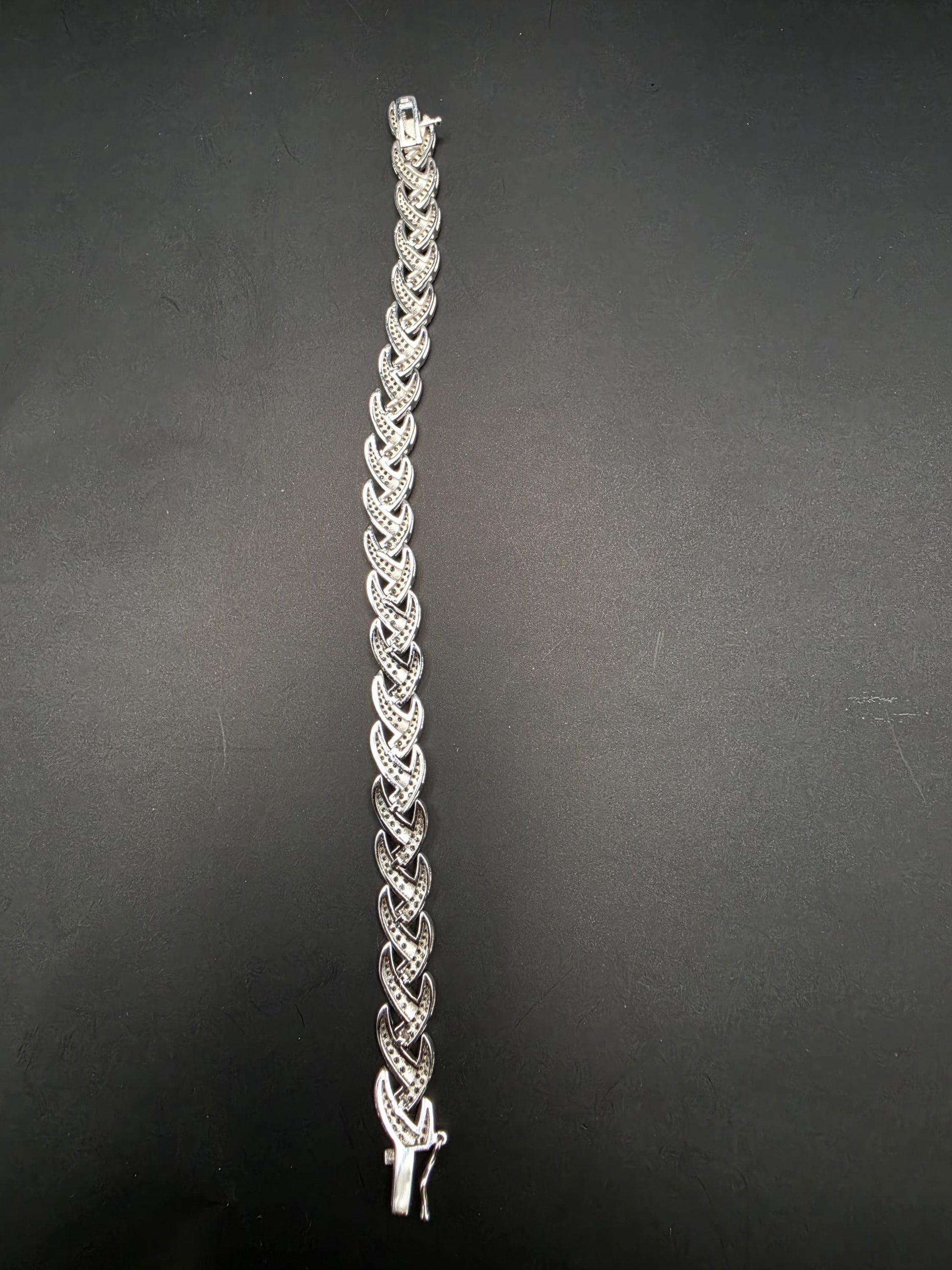 Sterling Silver Pave CZ Wheat Link Bracelet | 925 Silver Iced Out Bracelet 7 Inch