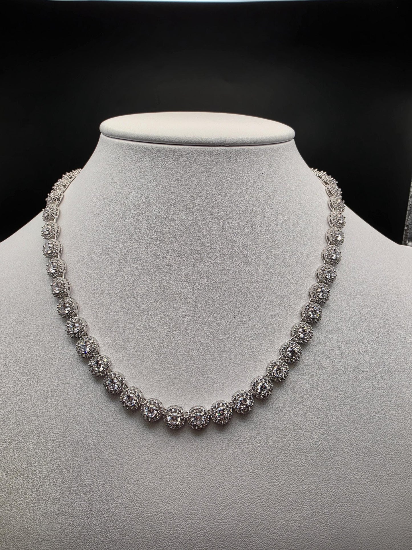 Sterling Silver Pave CZ Halo Tennis Necklace | 925 Silver 16 Inch .25 Inch Wide