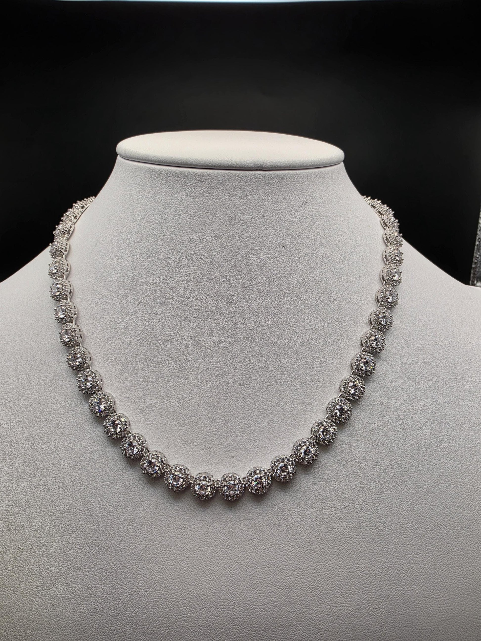 Sterling Silver Pave CZ Halo Tennis Necklace | 925 Silver 16 Inch .25 Inch Wide