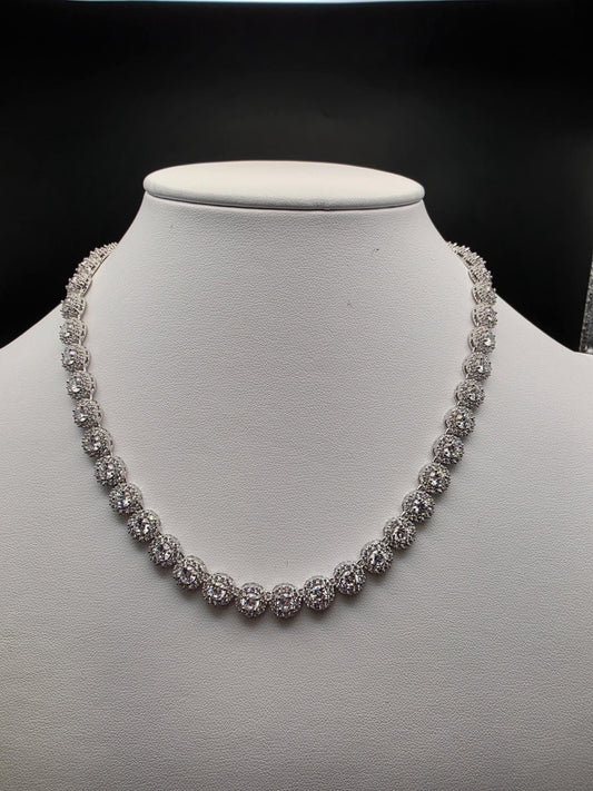 Sterling Silver Pave CZ Halo Tennis Necklace | 925 Silver 16 Inch .25 Inch Wide
