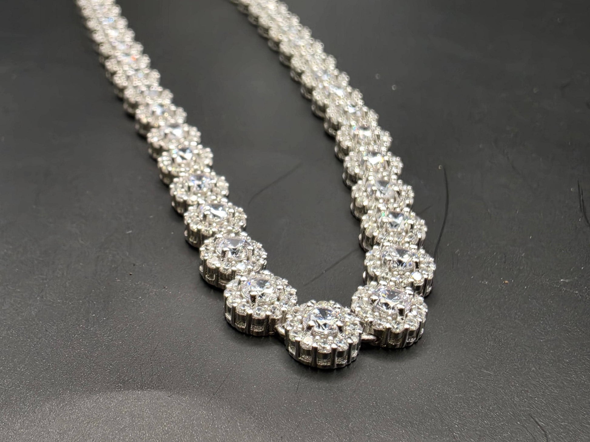Sterling Silver Pave CZ Halo Tennis Necklace | 925 Silver 16 Inch .25 Inch Wide