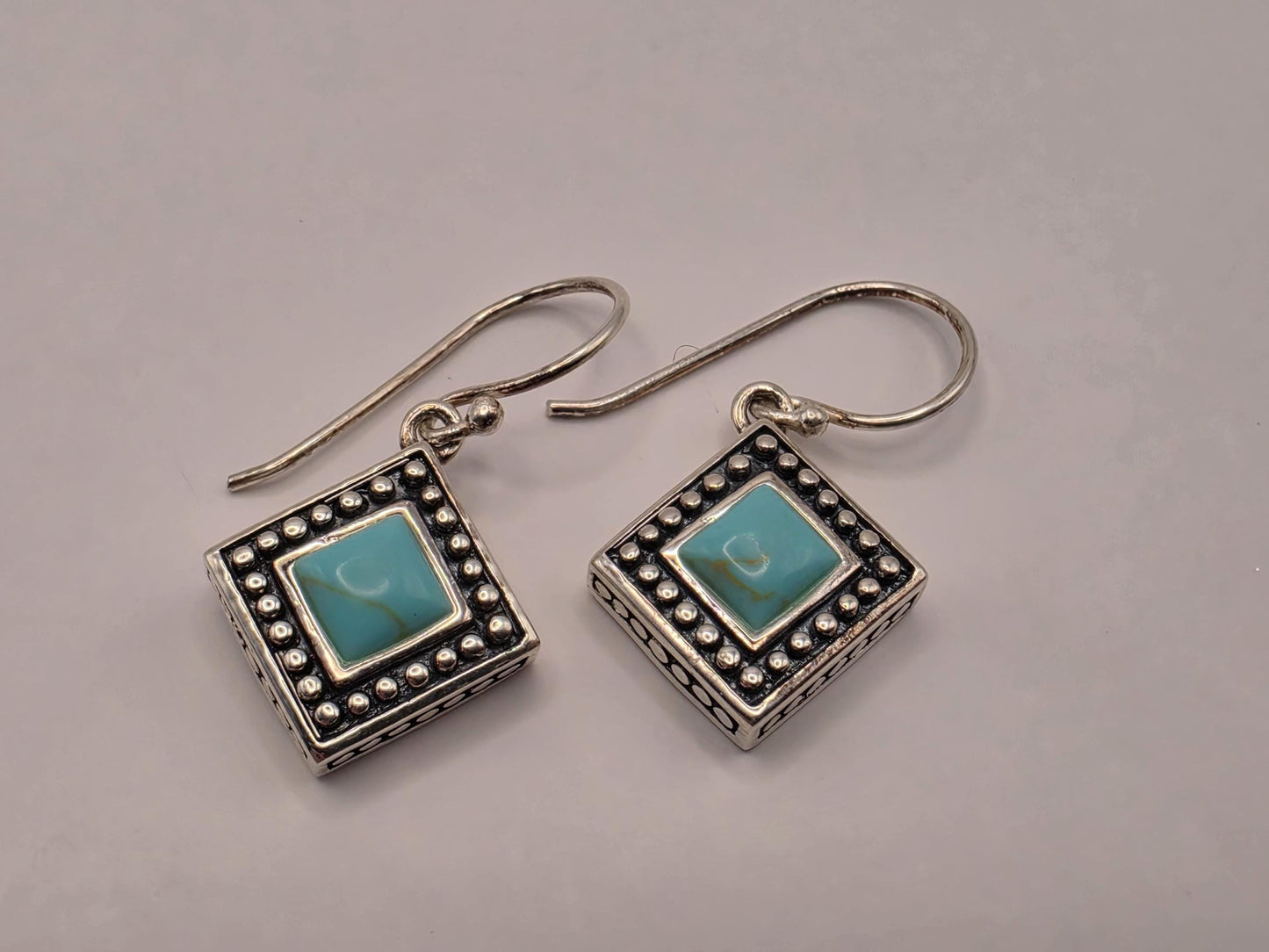 Sterling Silver Square Turquoise Dangle Earrings | 925 Silver Bead Frame Earrings 12mm