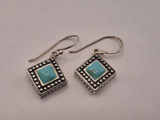 Sterling Silver Square Turquoise Dangle Earrings | 925 Silver Bead Frame Earrings 12mm