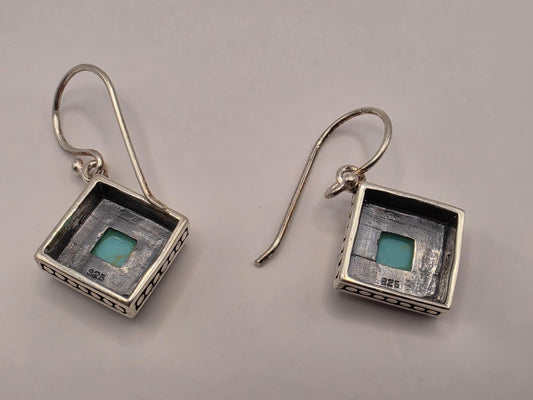 Sterling Silver Square Turquoise Dangle Earrings | 925 Silver Bead Frame Earrings 12mm