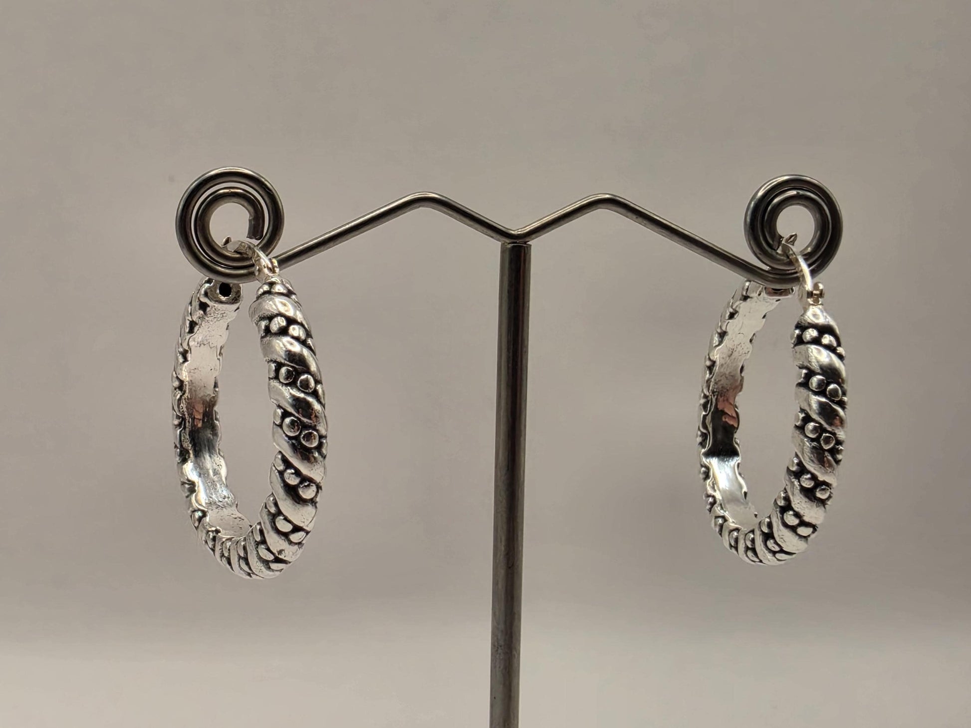 Sterling Silver Dotted Rope Hoop Earrings | 925 Silver Textured Hoops 30mm
